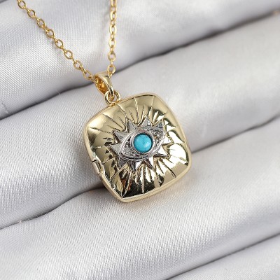 316L Çelik Zirkon Taşlı Açılabilr Kapaklı Göz Model Gold Renk Kadın Kolye