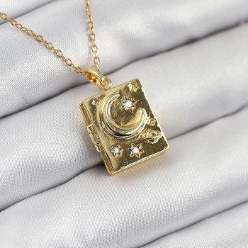 316L Çelik Zirkon Taşlı Açılabilr Kapaklı Kitap Model Gold Renk Kadın Kolye