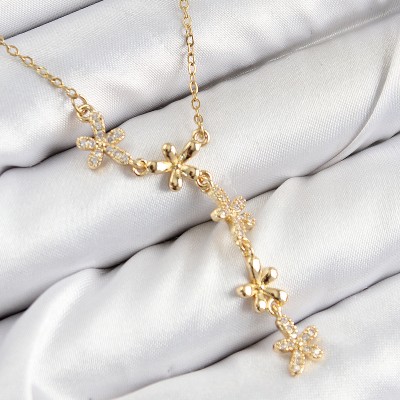 316L Çelik Zirkon Taşlı Çiçek Model Gold Renk Kadın Kolye