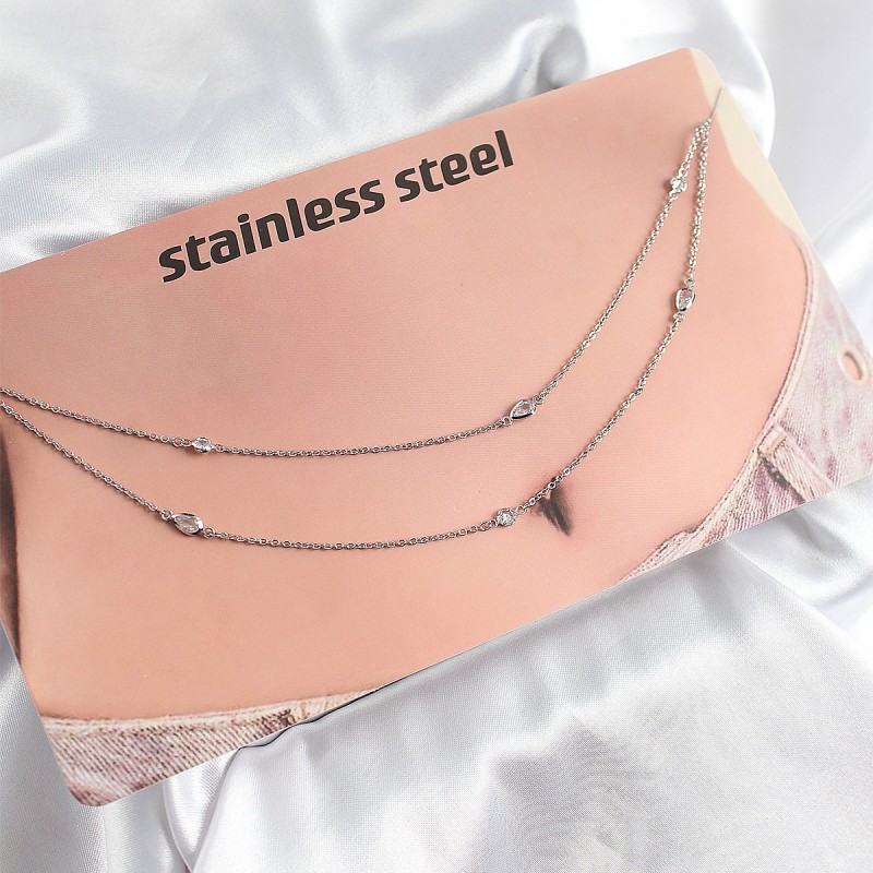 316L Çelik Zirkon Taşlı Damla Model Gümüş Renk Göbek Bel Zinciri