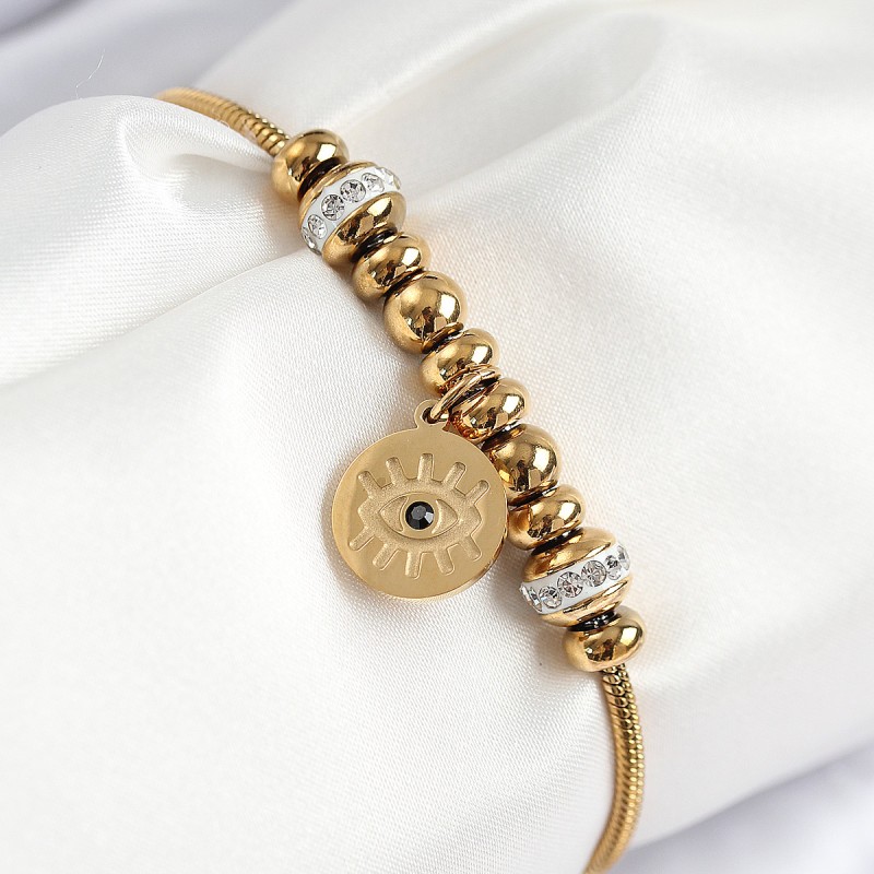 316L Çelik Zirkon Taşlı Göz Charm Model Gold Renk Kadın Bileklik