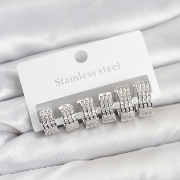 316L Çelik Zirkon Taşlı Gümüş Renk Halka Küpe Seti