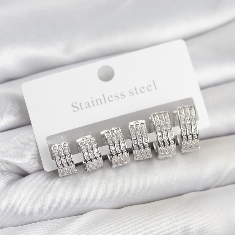 316L Çelik Zirkon Taşlı Gümüş Renk Halka Küpe Seti