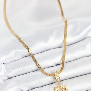316L Çelik Zirkon Taşlı Güneş Model Gold Renk Kadın Kolye
