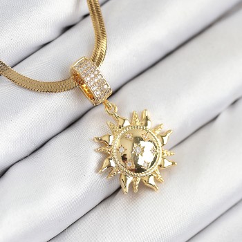 316L Çelik Zirkon Taşlı Güneş Model Gold Renk Kadın Kolye