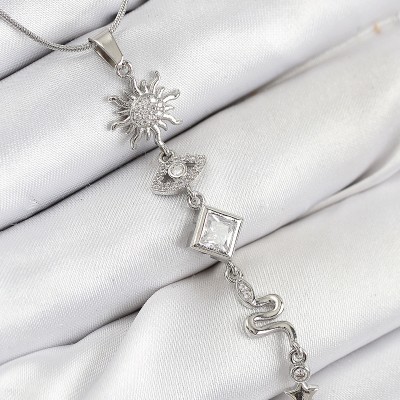 316L Çelik Zirkon Taşlı Güneş Ve Ay Enerji Model Gümüş Renk Kadın Kolye