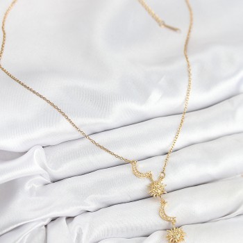 316L Çelik Zirkon Taşlı Güneş Ve Ay Model Gold Renk Kadın Kolye