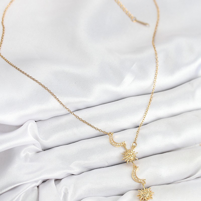 316L Çelik Zirkon Taşlı Güneş Ve Ay Model Gold Renk Kadın Kolye