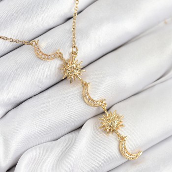316L Çelik Zirkon Taşlı Güneş Ve Ay Model Gold Renk Kadın Kolye