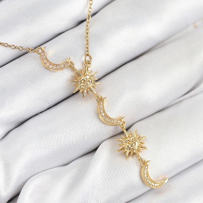 316L Çelik Zirkon Taşlı Güneş Ve Ay Model Gold Renk Kadın Kolye