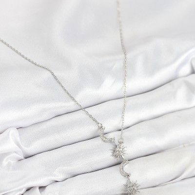 316L Çelik Zirkon Taşlı Güneş Ve Ay Model Gümüş Renk Kadın Kolye