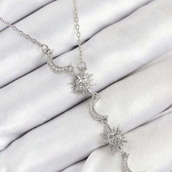 316L Çelik Zirkon Taşlı Güneş Ve Ay Model Gümüş Renk Kadın Kolye