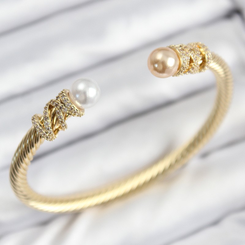 316L Çelik Zirkon Taşlı İnci Model Gold Renk Kadın Bileklik