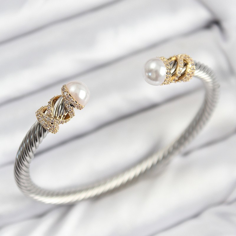 316L Çelik Zirkon Taşlı İnci Model Gold Ve Gümüş Renk Kadın Bileklik