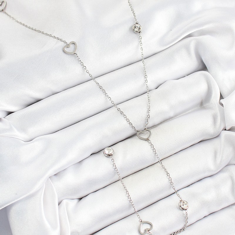 316L Çelik Zirkon Taşlı Kalp Figürlü Y Model Gümüş Renk Kadın Kolye