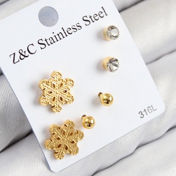 316L Çelik Zirkon Taşlı Kar Tanesi Model Gold Renk Kadın Set Küpe