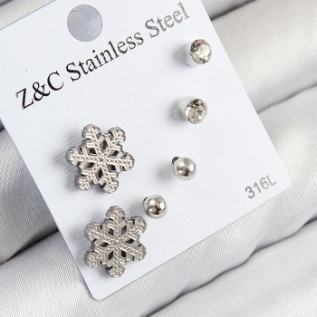 316L Çelik Zirkon Taşlı Kar Tanesi Model Gümüş Renk Kadın Set Küpe