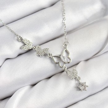 316L Çelik Zirkon Taşlı Kelebek Model Gümüş Renk Kadın Kolye