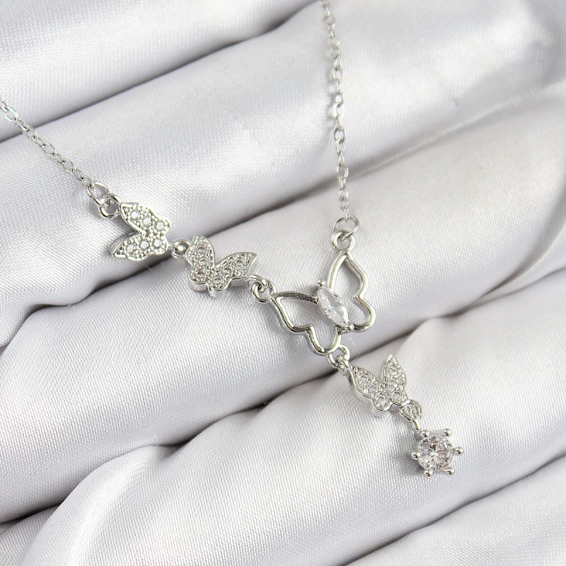 316L Çelik Zirkon Taşlı Kelebek Model Gümüş Renk Kadın Kolye