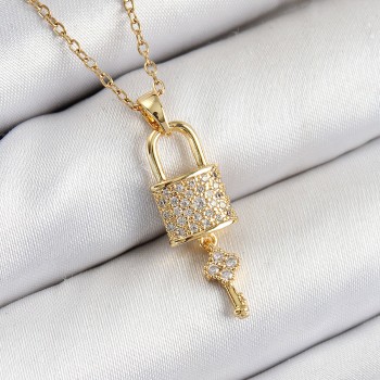 316L Çelik Zirkon Taşlı Kilit Ve Sallantılı Anahtar Model Gold Renk Kadın Kolye