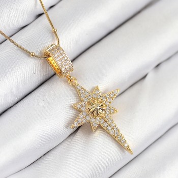 316L Çelik Zirkon Taşlı Kutup Yıldızı Model Gold Renk Kadın Kolye