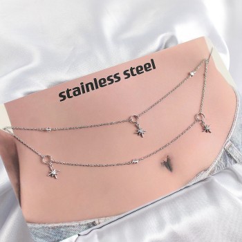 316L Çelik Zirkon Taşlı Kutup Yıldızı Model Gümüş Renk Göbek Bel Zinciri