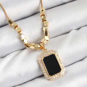 316L Çelik Zirkon Taşlı Siyah Baget Model Gold Renk Kadın Kolye