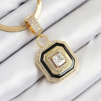 316L Çelik Zirkon Taşlı Siyah Detaylı Baget Model Gold Renk Kadın Kolye