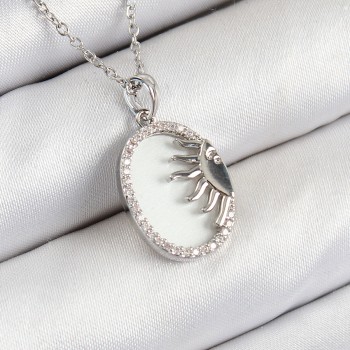 316L Çelik Zirkon Taşlı Yarım Güneş Model Gümüş Renk Kadın Kolye