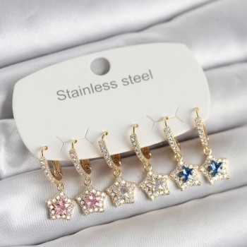 316L Çelik Zirkon Taşlı Yıldız Form 6'lı Set Kadın Küpe