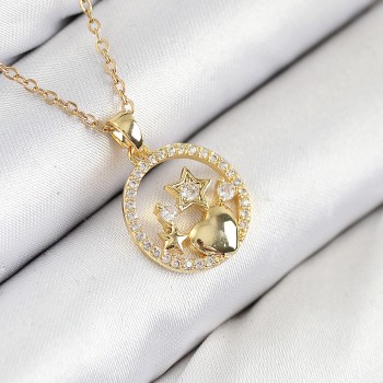 316L Çelik Zirkon Taşlı Yıldız Ve Kalp Model Gold Renk Kadın Kolye