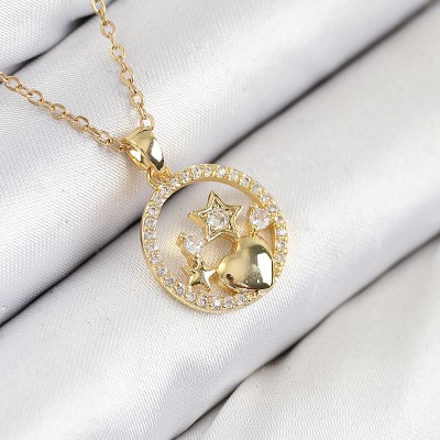 316L Çelik Zirkon Taşlı Yıldız Ve Kalp Model Gold Renk Kadın Kolye