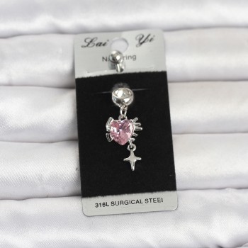 316L Cerrahi Çelik Pembe Zirkon Taşlı Model Göbek Piercing