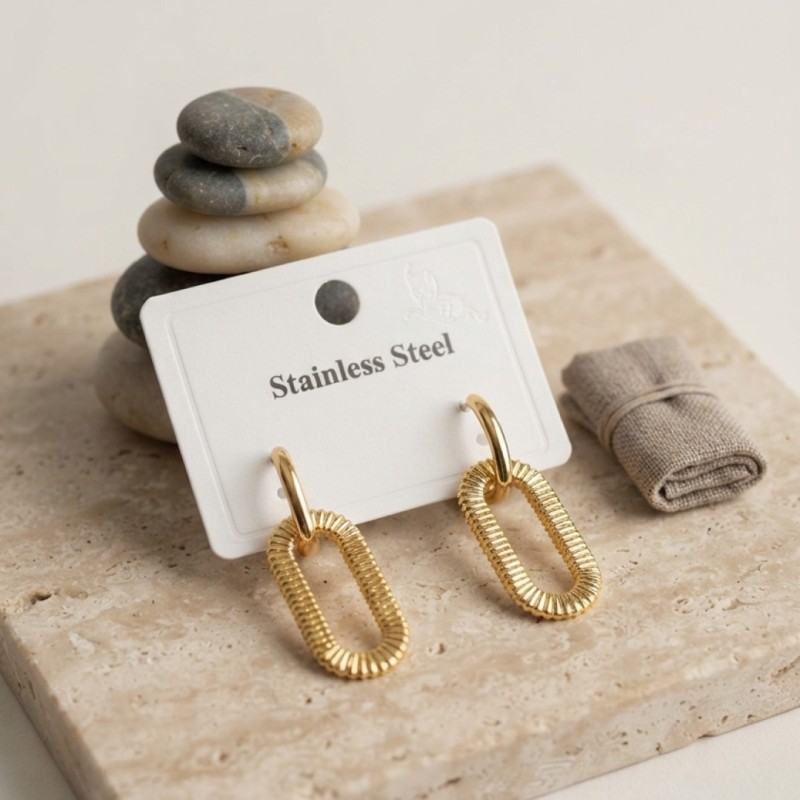 316L Gold Renk Tırtıklı Ataç Form Tasarım Küpe
