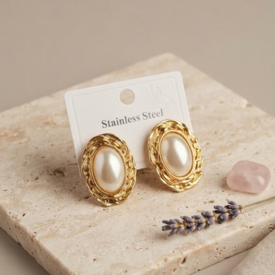 316L Gold Renk Gold Renk Vintage Beyaz İncili Model Küpe