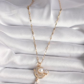 316L Gold Renk Zirkon Taşlı Ay Yıldız Model Sallantı Detay Kadın Kolye