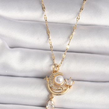 316L Gold Renk Zirkon Taşlı Ay Yıldız Model Sallantı Detay Kadın Kolye