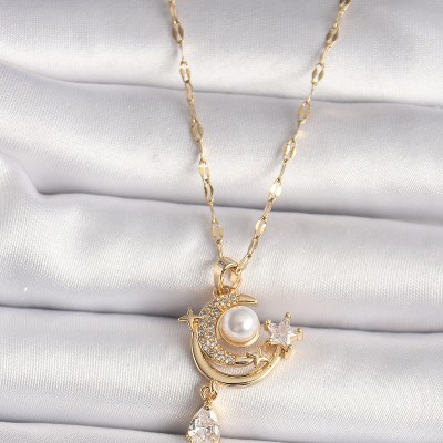 316L Gold Renk Zirkon Taşlı Ay Yıldız Model Sallantı Detay Kadın Kolye