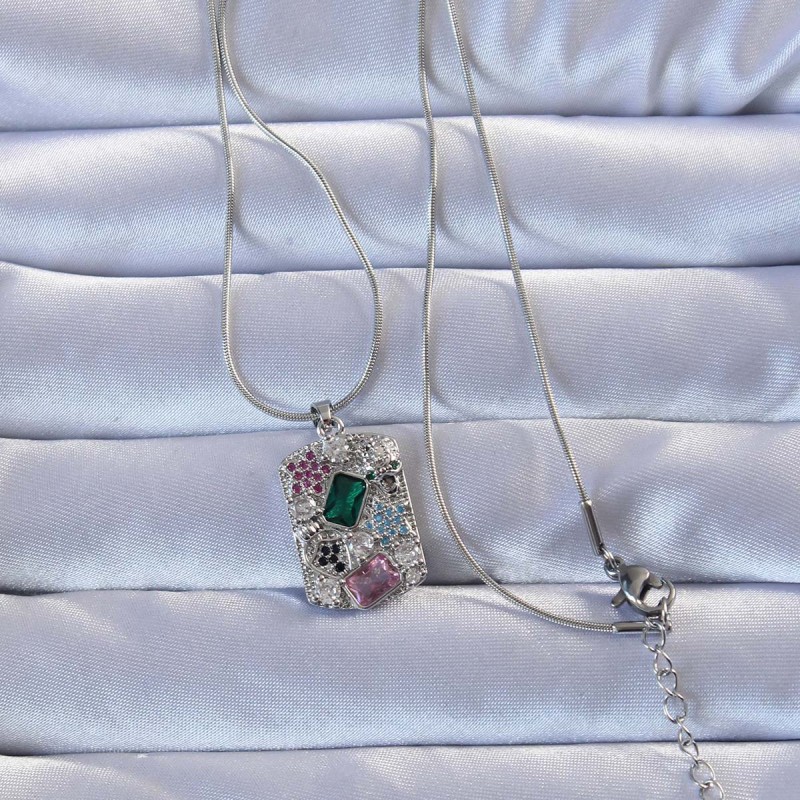 316L Gümüş Renk Çok Renkli Zirkon Taşlı Vintage Kolye