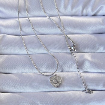 316L Gümüş Renk Zirkon Taşlı İşlemeli Göz Detay Kalp Kolye