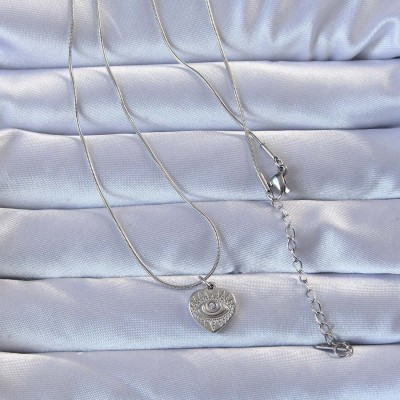 316L Gümüş Renk Zirkon Taşlı İşlemeli Göz Detay Kalp Kolye