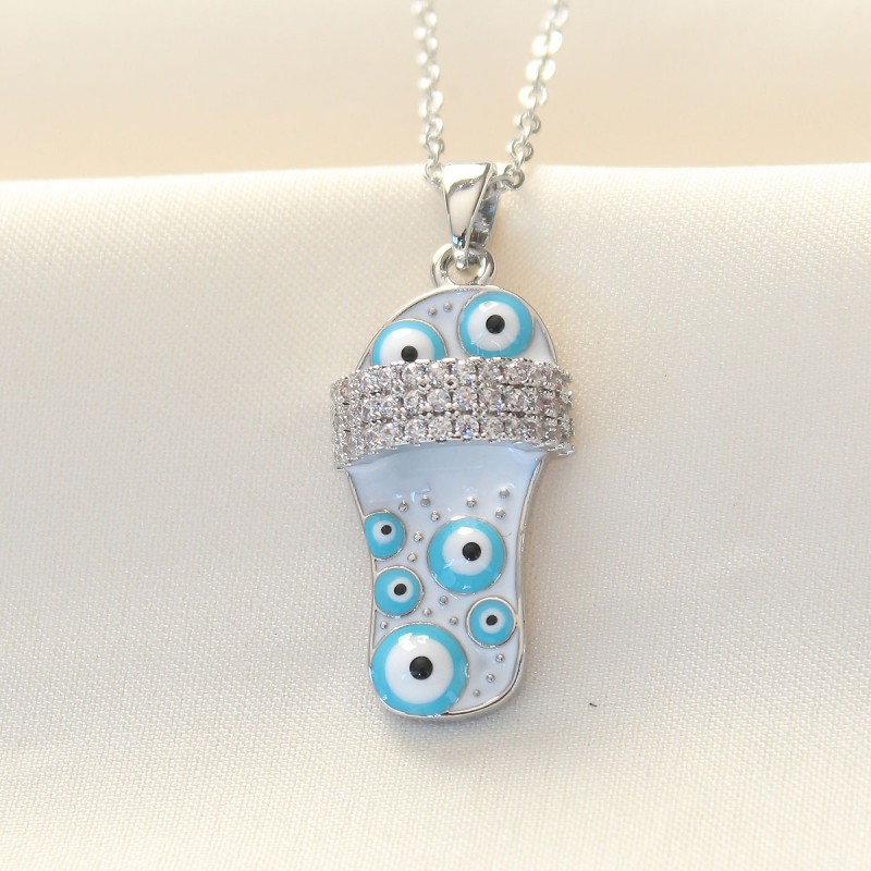 316L Zinciri Çelik Zirkon Taşlı Gümüş Renk Nazar Boncuklu Terlik Kolye