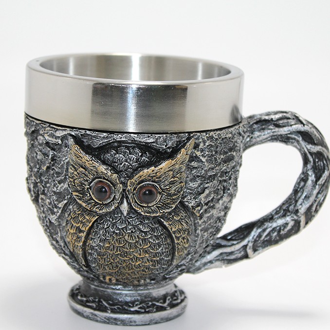 3D Kabartmalı Baykuş Büstü Paslanmaz Çelik Kupa Bardak
