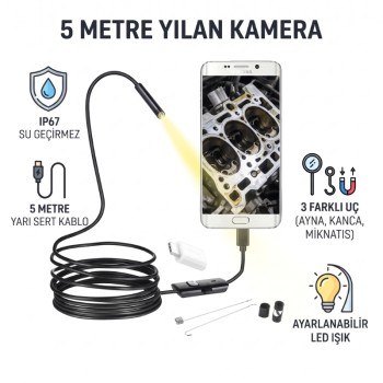 5 Metre Yılan Kamera - LED Işıklı - IP67 Su Geçirmez - 3 Farklı Başlıklı 