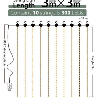  8 Fonksiyonlu Peri Perde Led Uzaktan Kumandalı Günışığı Perde Peri Led (3 mt x 3 mt)