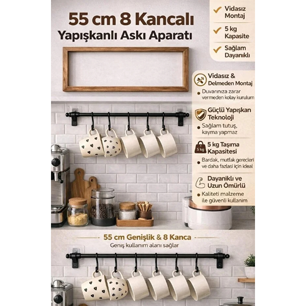 8 Kancalı Yapışkanlı Askı Aparatı