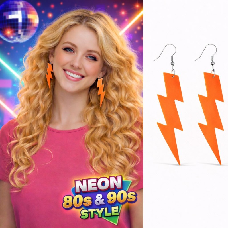 80’ler 90'lar Retro Neon Turuncu Şimşek Küpe 10 cm