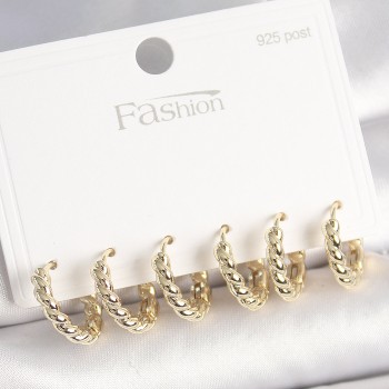 925 Ayar Gümüş Çivi Pirinç Gold Renk Sarmal Halka Model Kadın Küpe Seti