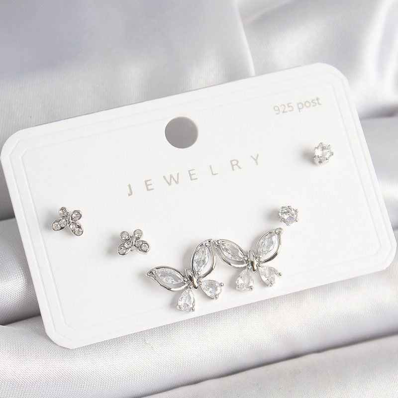 925 Ayar Gümüş Çivi Pirinç Renk Zirkon Taşlı Kelebek Model Kadın Küpe Seti