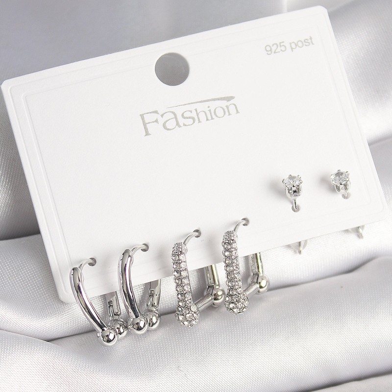 925 Ayar Gümüş Çivi Pirinç Gümüş Renk Zirkon Taşlı Tiffany Halka Model Kadın Küpe Seti